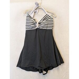 Cocoship Swimdress Women's 18 Black White Striped Halter Retro Pinup